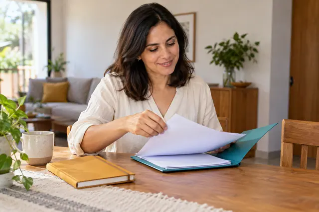Mujer preparando documentos federales en una carpeta para usarlos en el extranjero.