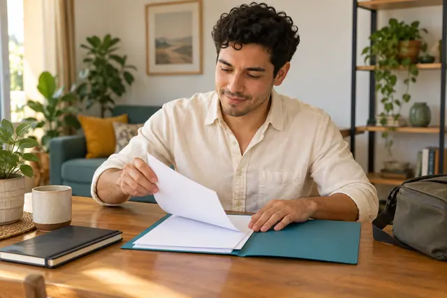 Hombre preparando una carpeta para acudir a una cita de certificado en el Estado de México.