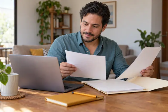 Hombre organizando documentos y una libreta para revisar su constancia anual de intereses.