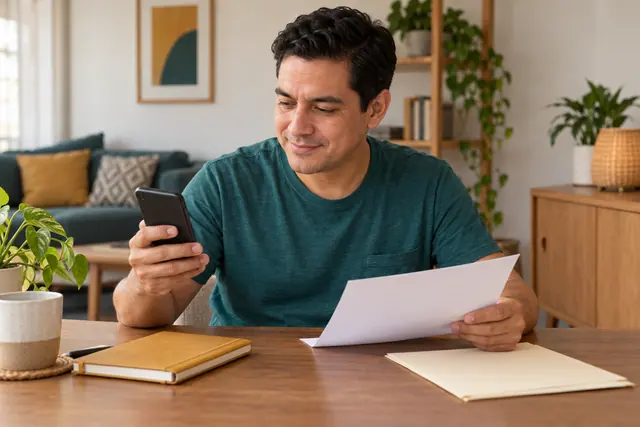 Hombre revisando su teléfono y una libreta para dar seguimiento a una solicitud de constancia.