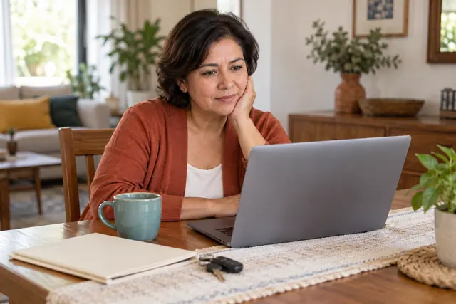 Mujer preparando una consulta de infracciones en su computadora junto a las llaves de su vehículo.