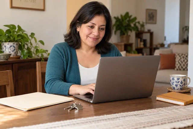 Mujer consultando una computadora junto a una carpeta para revisar su cuenta de predial.