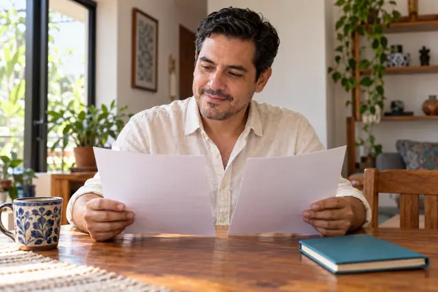 Hombre comparando documentos sin datos legibles para preparar una corrección de su pasaporte.
