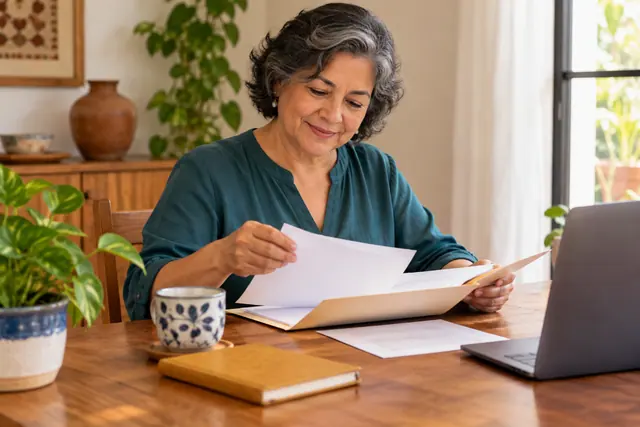 Mujer preparando una carpeta en casa para actualizar la designación de beneficiarios en su AFORE.