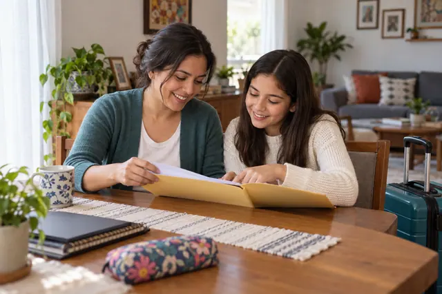Madre e hija preparando una carpeta y una maleta para organizar un viaje al extranjero.