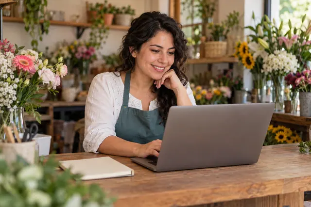Florista preparando una computadora y una libreta para organizar la emisión de una factura.