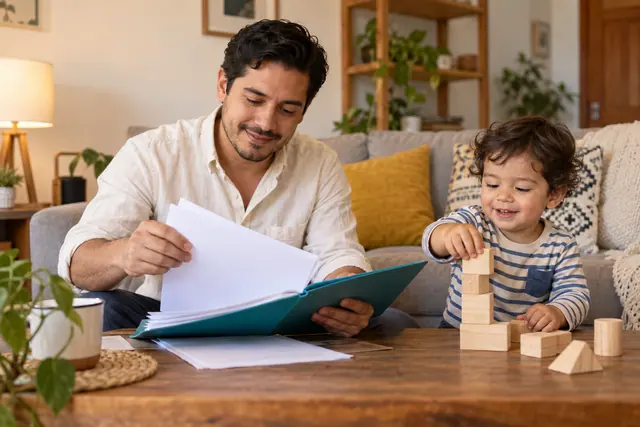 Padre preparando una carpeta mientras su hijo pequeño juega con bloques en casa.