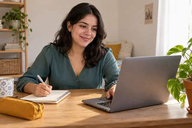 Mujer preparando su computadora y una libreta para comenzar sus estudios en línea.