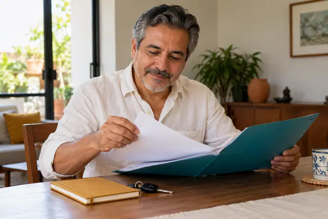 Hombre organizando una carpeta y antecedentes para preparar la reposición de su constancia de verificación.