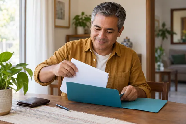 Hombre preparando una carpeta para solicitar la reposición de una licencia de conducir.