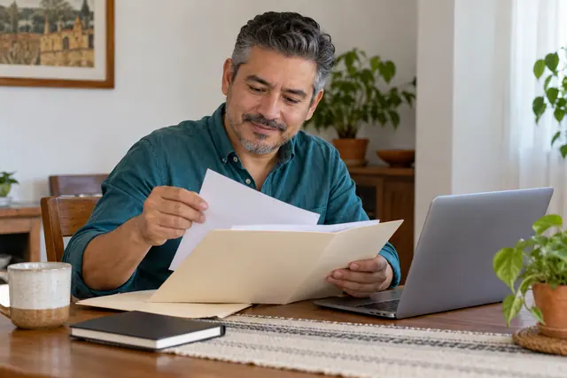 Hombre organizando una carpeta y una libreta para consultar el retiro por desempleo de su AFORE.