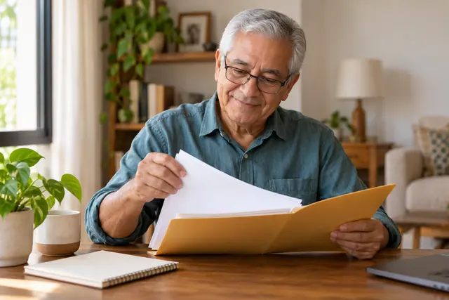 Hombre mayor organizando documentos para preparar su constancia de vigencia del ISSSTE.